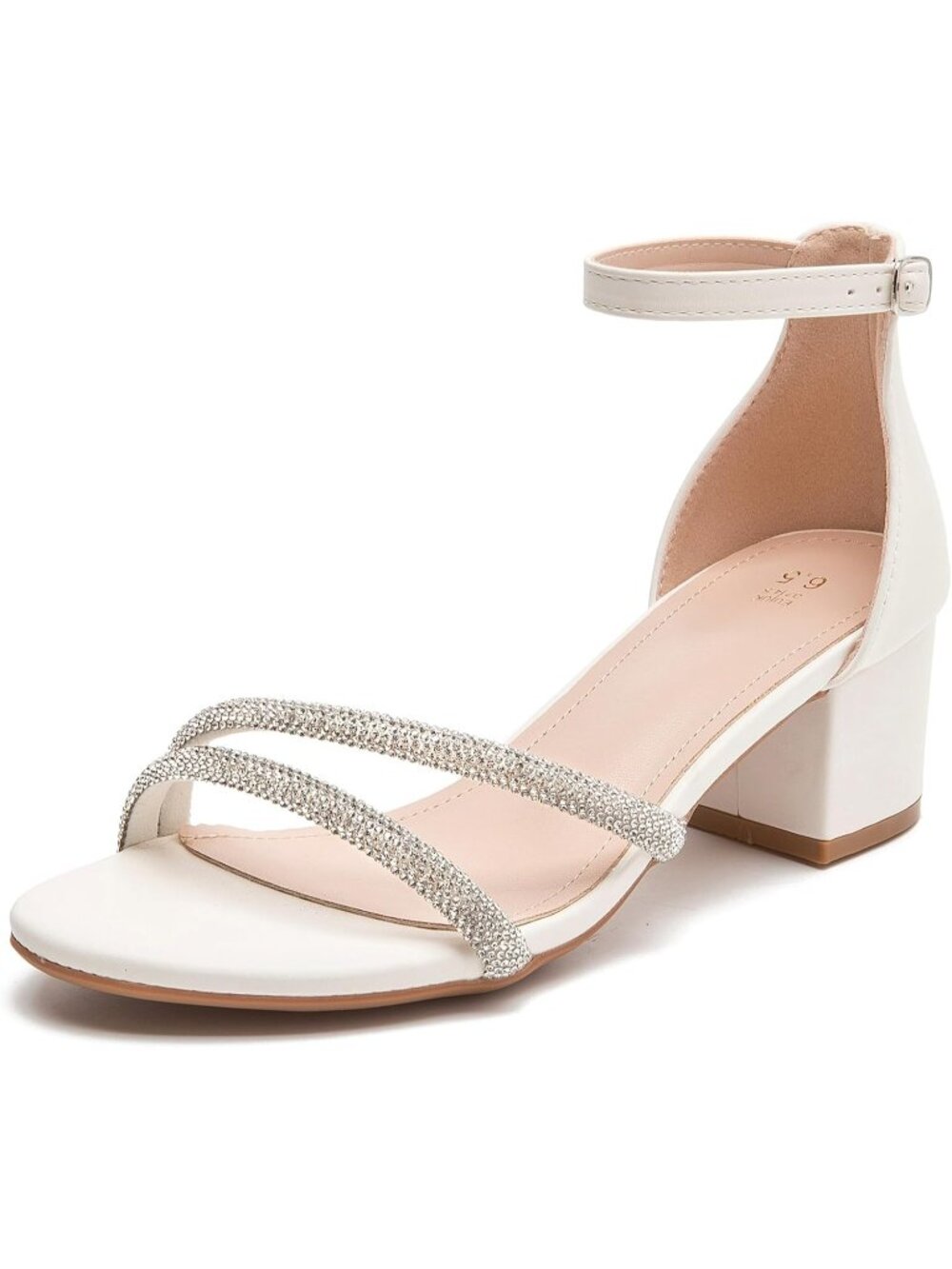 Women's White Glitter Open Toe Ankle Strap Chunk Low Heel Strappy Pumps Shoes